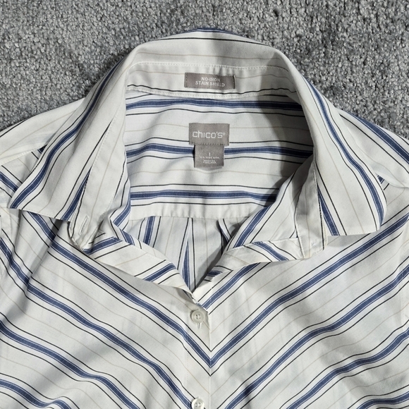 Chico's No Iron Stain Shield White Diagonal Stripe Button-Up Pocket Tunic Shirt - Picture 5 of 11